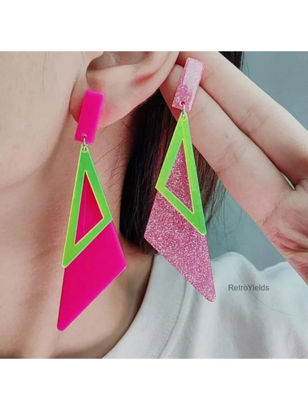 Retro Acrylic Geometric Double Triangle Long Dangle Drop Earrings Statement